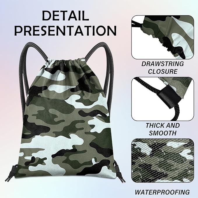 Drawstring Backpack for String Bag Waterproof Cute Sports Beach Swimming Travel (13"×17")-Green Camouflage