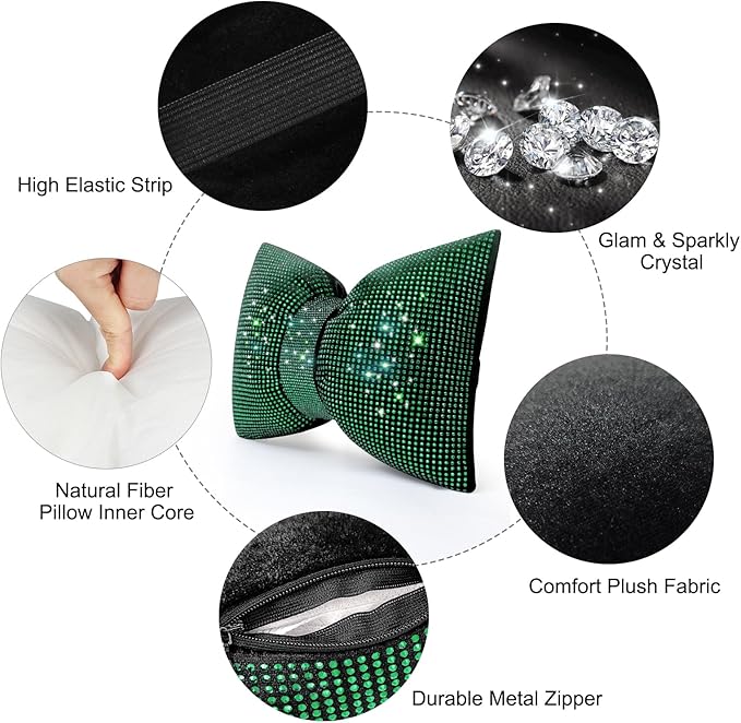surpassme 2PCS Rhinestone Car Headrest Neck Pillow for Driving with Bling Bling Crystal Bow Pillow Car Accessories for Women (Green)