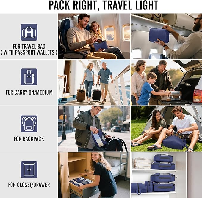 Veken 8 Set Packing Cubes for Travel Essentials,Anti-Wrinkle Buckled Suitcase Organizer for Shoe & Toiletry Bag,Carry On Luggage Bag for Airplane & College Dorm Room Accessories,Women Men Gifts