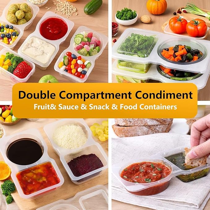 15pcs Reusable Snack Containers with Lids,2025 New 2 Compartment Plastic Containers for Pack Snacks,Leakproof Double Compartment Condiment Pack for Meal Prep, Portion Control,On-the-Go School Travel