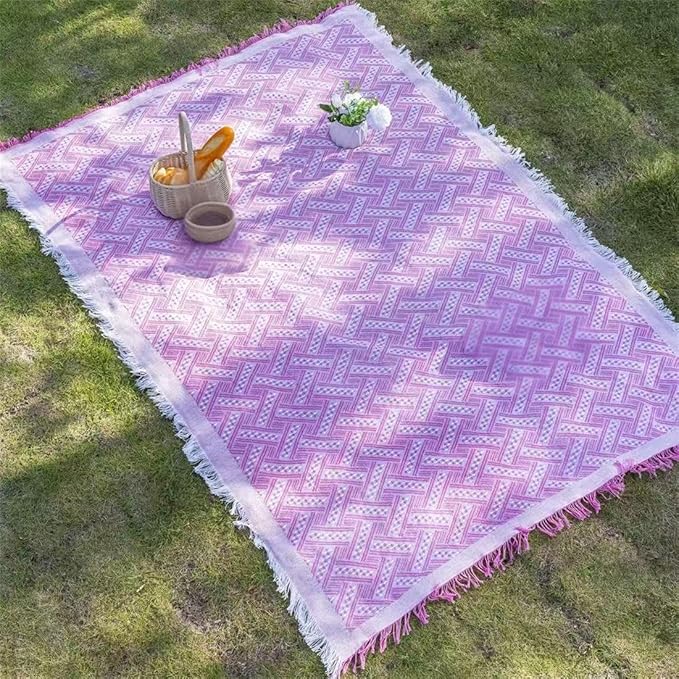 70x70 Bohemian Picnic Mat Extra Large, Sand Proof Outdoor Camping Blanket Machine Washable, Lightweight Portable Travel Tarp for 5-7 Adults Beach Park Grass (Pink-T-Grid)