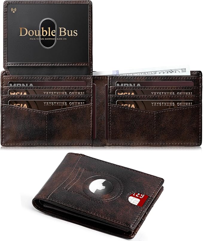 Wallet for Men Slim RFID Blocking Bifold Carbon Fiber,Minimalist Small Compact Front Pocket Credit Card Holder,Thin Mens Leather Wallets Smart Security With 2 ID windows 1 Cash (Retro Black & Brown)