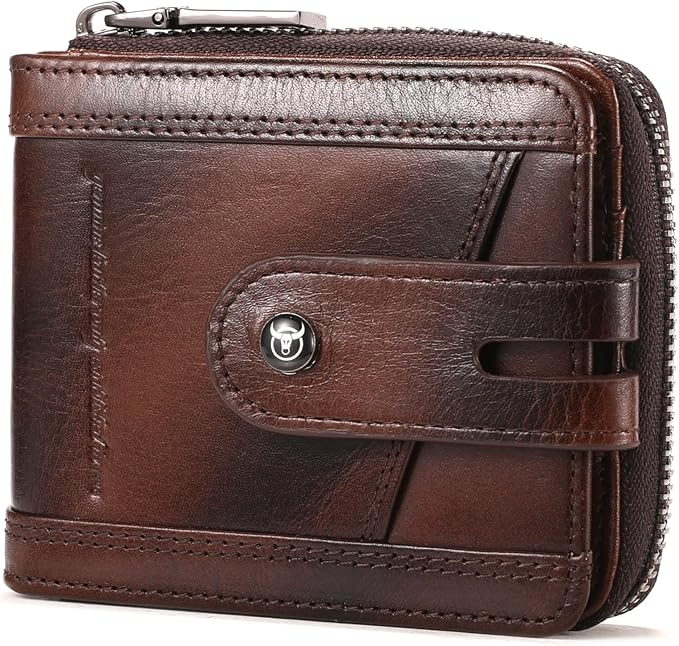 BULLCAPTAIN Genuine Leather Men's Wallet with Zipper Vintage RFID Blocking Large Capacity Wallet for Men with 14 Credit Card Slots and 1 ID Window T23 (Coffee)