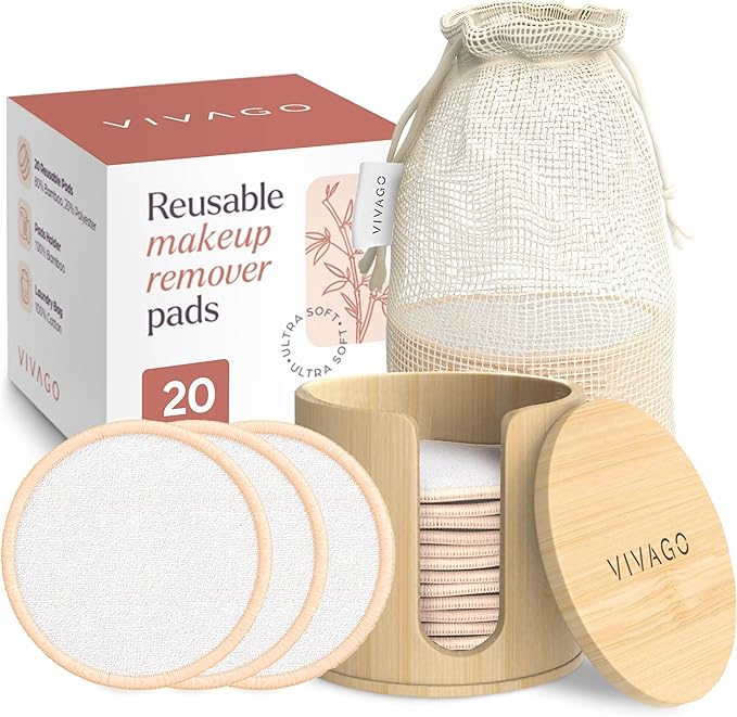 VIVAGO Reusable Cotton Rounds for Face - (20 Pack) Soft Reusable Makeup Remover Pads with Washable Drawstring Laundry Bag & Bamboo Holder - All Skin Type Skincare Set Facial Cleaning Cloth