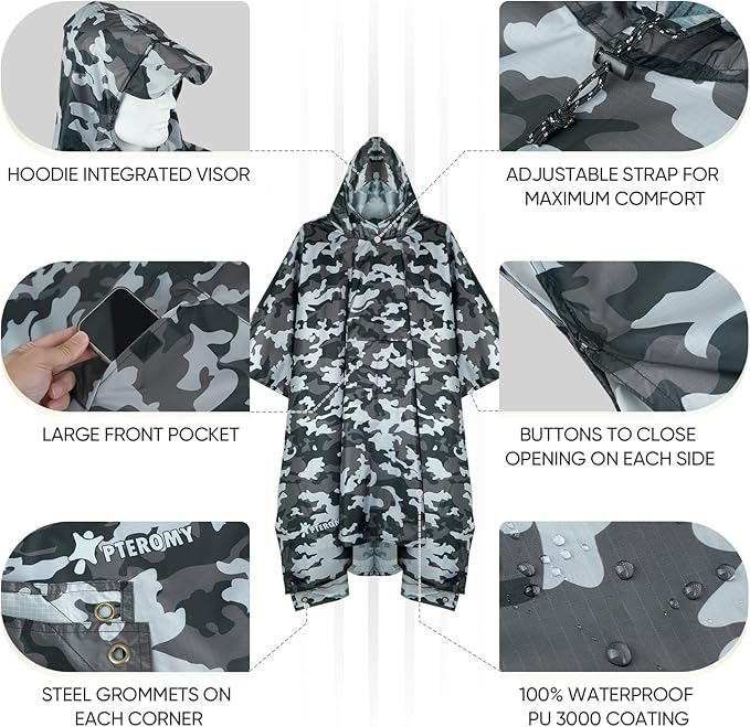 PTEROMY 3-in-1 Hooded Rain Poncho for Adult with Pocket, Waterproof Lightweight Unisex Raincoat for Hiking Camping Emergency