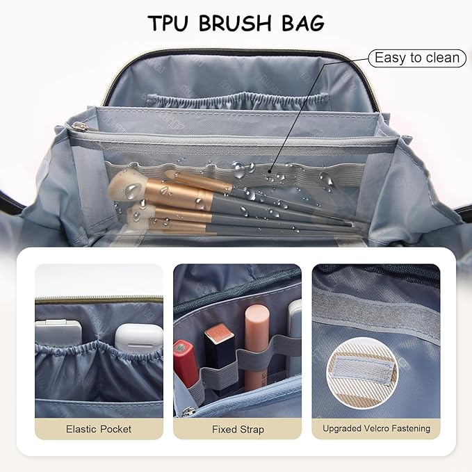BOYATU Travel Makeup Bag Cosmetic Bag for Women: 3 Pcs Set Striped Make up Bag with Compartment - Waterproof Vegan Leather Toiletry Bag with Handle - Makeup Organizer for Travel Essential(A-6-Apricot)