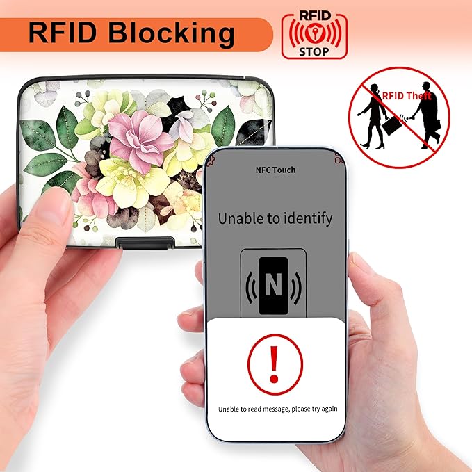 Mayski 2 Pack Credit Card Holder for Women, RFID Blocking, Artistic Flower Aluminum Alloy Hard Case, Small Mini Business Metal Wallet for Men