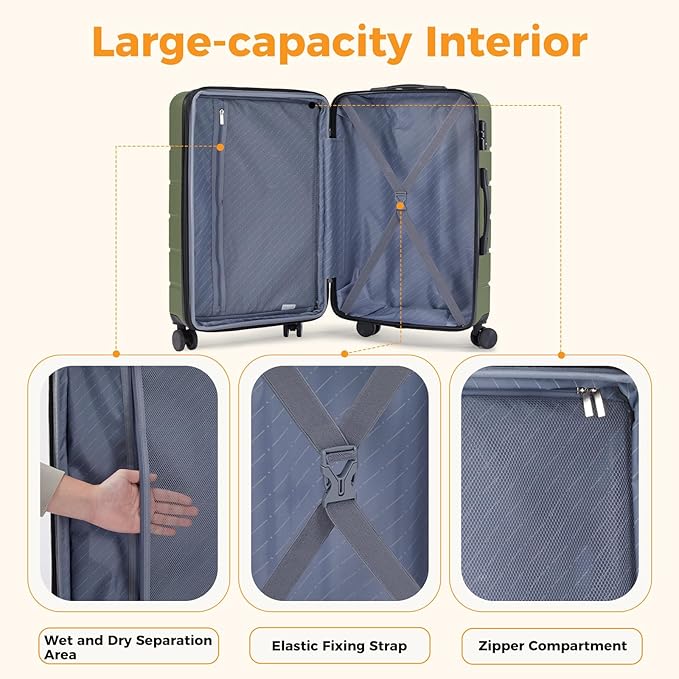 NEWBULIG 20 Inch Carry On Luggage, ABS Hard Shell Lightweight Rolling Expandable Suitcase with Double Spinner Wheels & TSA Lock, Travel Suitcase for Business Trips and Short Vacations, Green