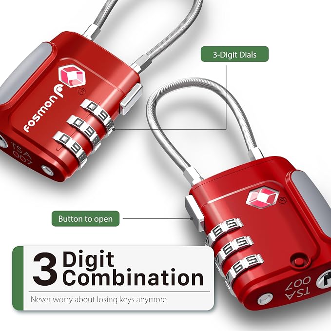 Fosmon TSA Accepted Cable Luggage Locks, (2 Pack) Re-settable Easy to Read 3 Digit Combination with Alloy Body and Release Button for Travel Bag, Suit Case & Luggage - Red