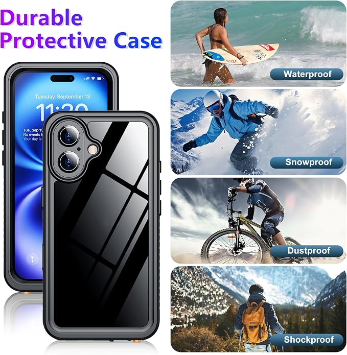 Compatible with iPhone 16 Case Waterproof, Built-in Screen & Camera Protector IP68 Underwater Full Body 16FT Military Dropproof Shockproof Phone Case 6.1"-Black/Clear