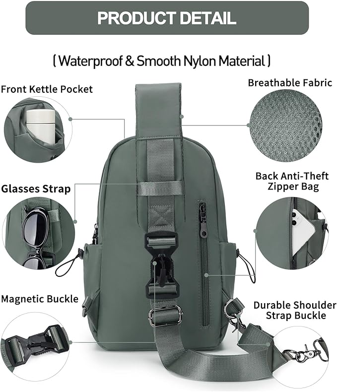 SEAFEW Small Green Sling Crossbody Backpack Shoulder Bag for Men Women - Mini One Strap Sling Bag Fanny Pack Daypack, Waterproof Nylon Chest Bag for Motorcycle Hiking Travel Gym Sport