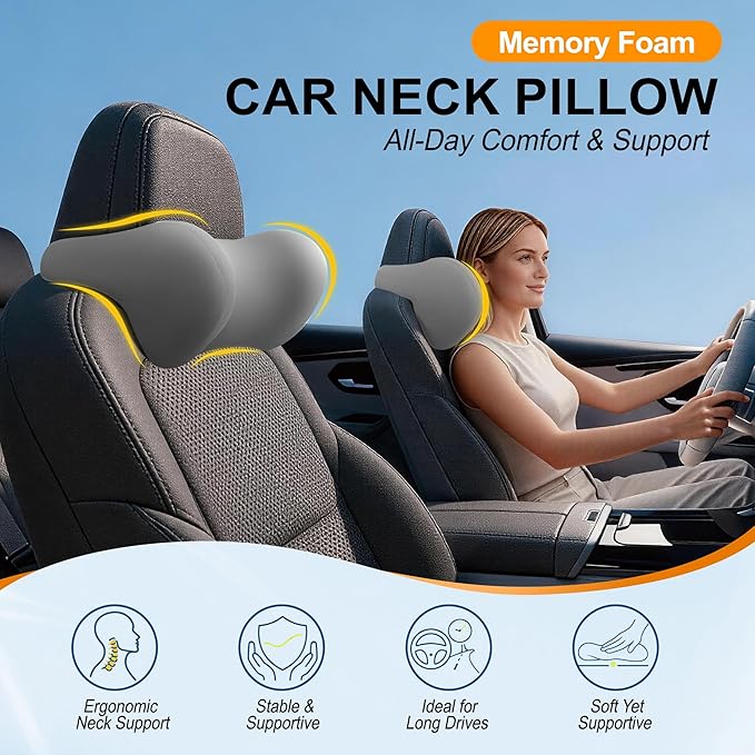 2-Pack Car Neck Pillow: Ergonomic Memory Foam Car Headrest Pillow, Neck Support Pillow for Long Drives, Headrest Support Cushion for Pain Relief, Universal Fit for Cars, SUVs & Trucks – Gray