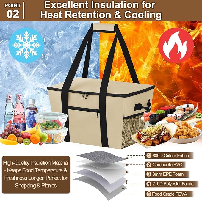 Reusable Grocery Bag – Expandable Insulated Cooler Bag with Bottom Board, Collapsible Insulated Shopping Bag with Zipper & Drawstring, Heavy Duty Tote Bag for Shopping, Delivery, Picnic, Beach