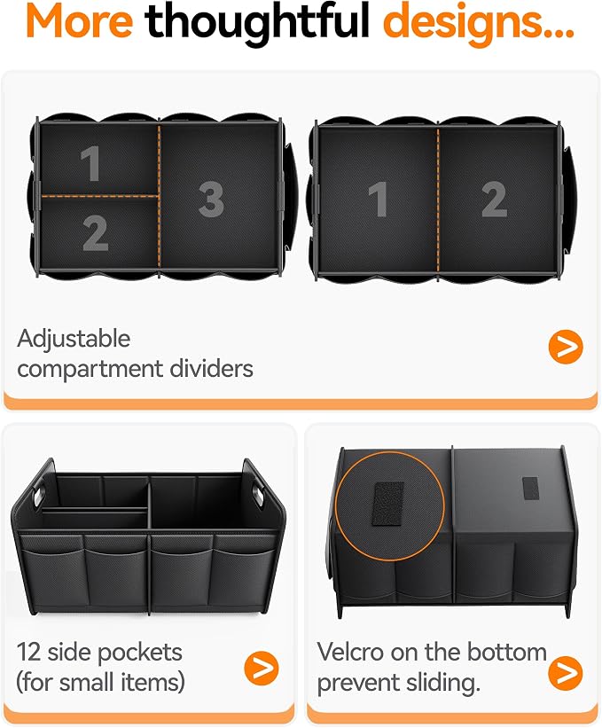 Homeve Car Trunk Organizer for SUV, 15.5Gal Large Capacity No-Sag Heavy Duty, Foldable Waterproof Anti-Slip Storage with 12 Pockets, Fit Sedan,Truck, Universal Car Accessories, Black, 2 Compart,Medium