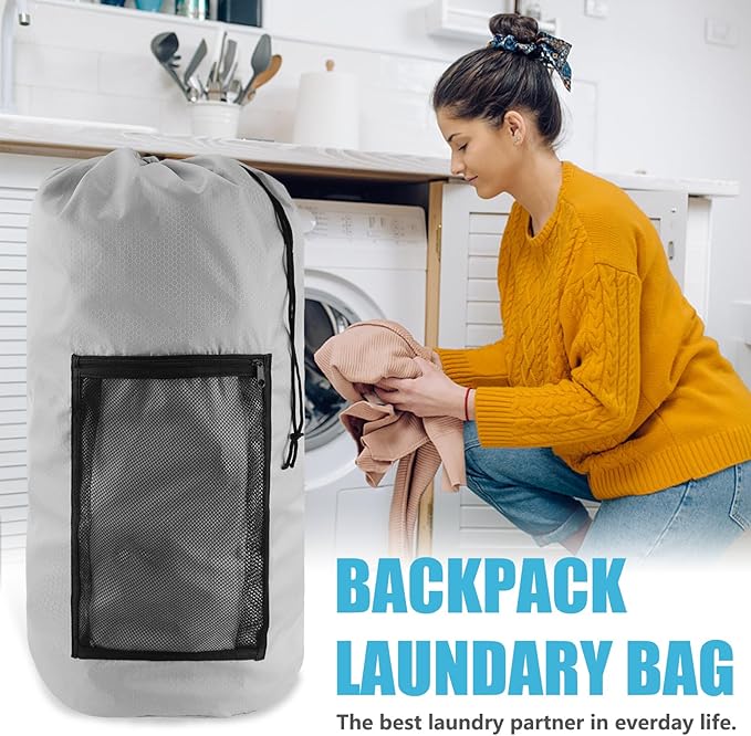Olosar Laundry Bag Backpack, 2PCS Extra Large Travel Laundry Bag with Mesh Pocket & Adjustable Shoulder Straps,Dirty Clothes Travel Bag for College Students Dorm,Apartment(Light Gray)