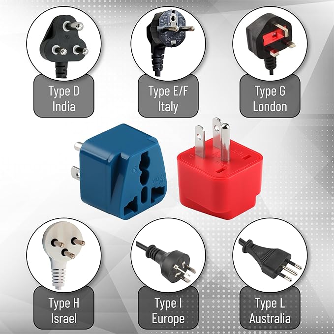 Bates- UK to US Plug Adapter, 2 Pack, Blue and Red, EU to US Plug Adapter
