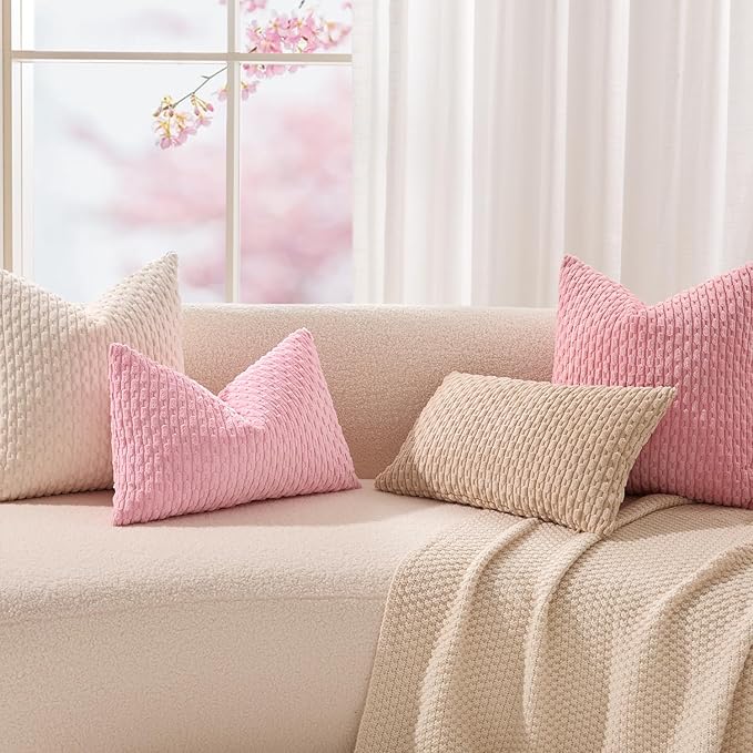 Kevin Textile Valentines 14x20 Inch Pillow Cover 1 Pack Boho Decorative Soft Striped Corduroy Lumbar Farmhouse Accent Rectangle Cushion Case for Living Room Couch Sofa Bed, Pink