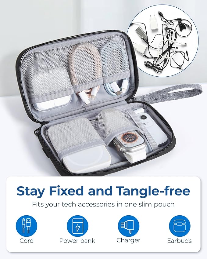 BAGSMART Small Travel Cable Organizer, Tech Accessories for Charger, Phone, Gray