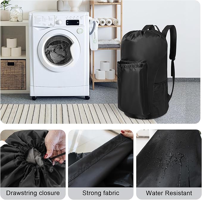 Polecasa Extra Heavy-Duty Backpack Laundry Bag 13.5x29- Large Drawstring bag with Comfortable Padded Shoulder Straps & 4 Pockets & ID Tag for Dorm, College, Travel, Black
