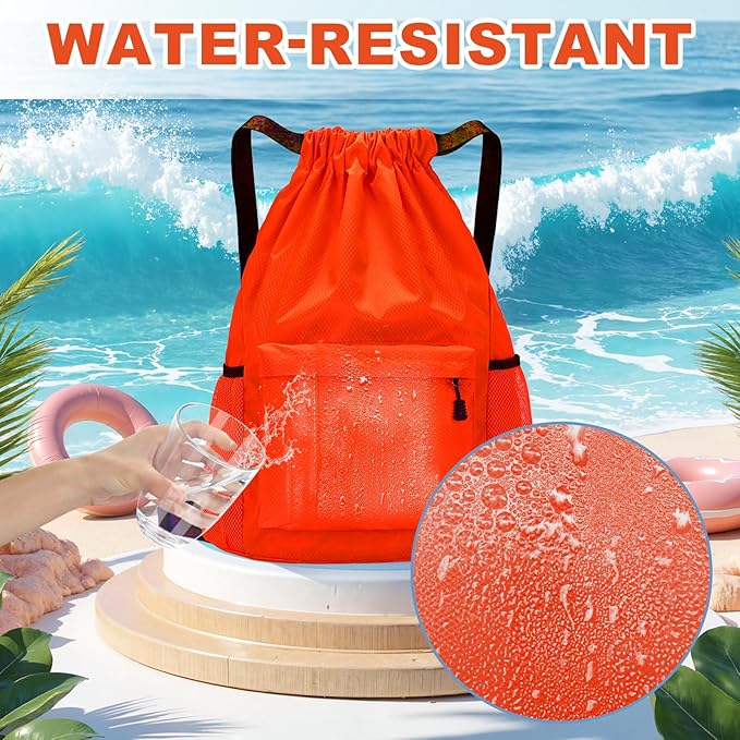 Tygelluis Drawstring Backpack, Waterproof Gym Bag with Water Bottle Pocket for Women Men, Pull String Sport Bag for Swim, Soccer and Basketball,Orange