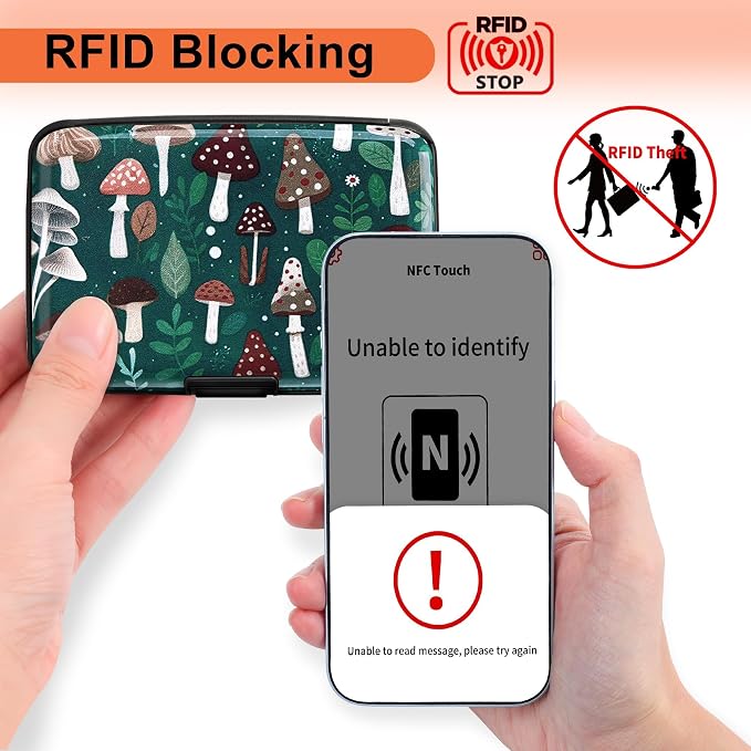 Mayski Credit Card Holder, RFID Blocking, Aluminum Alloy Hard Case, Small Mini Business Metal Wallet for Women Men, Mushroom