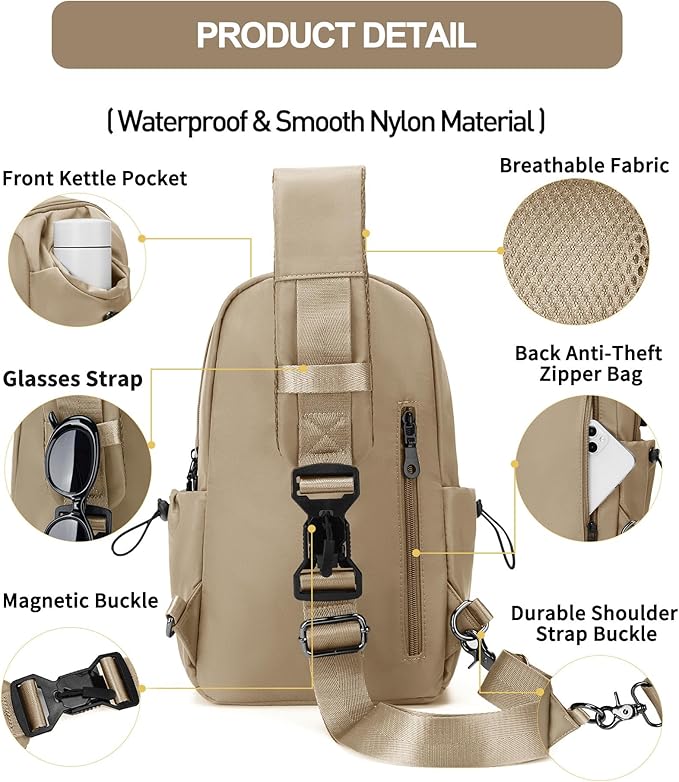 SEAFEW Sling Backpack bag for Men Khaki, Tactical BackpackSmall One Strap Daypack, Mini Anti-Theft Cross Body Motorcycle Chest Bags, Satchel Bag for Casual Travel Hiking Outdoor Sports Gym