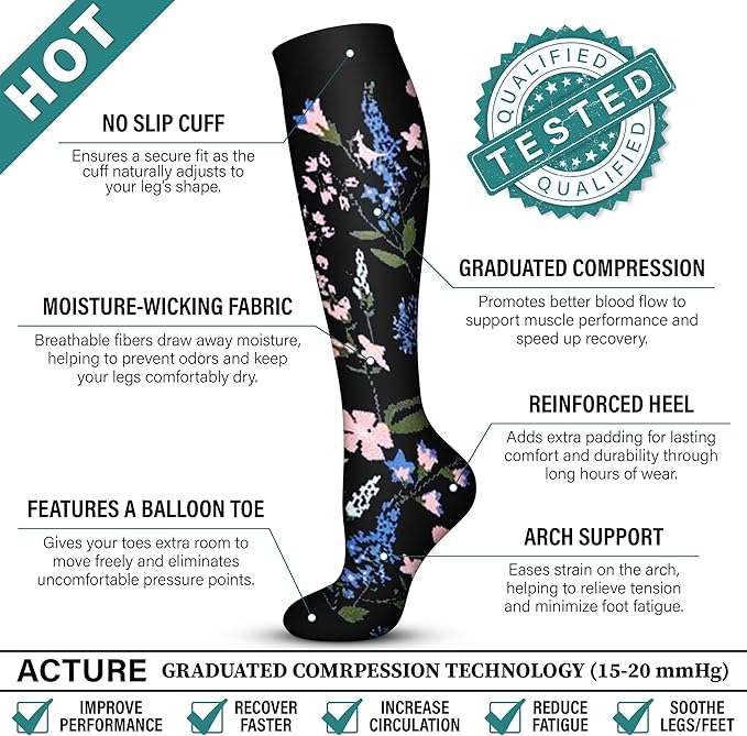 Acture 6 Pack Compression Socks for Women and Men - Knee High for Medical, Running, Nurses, Travel