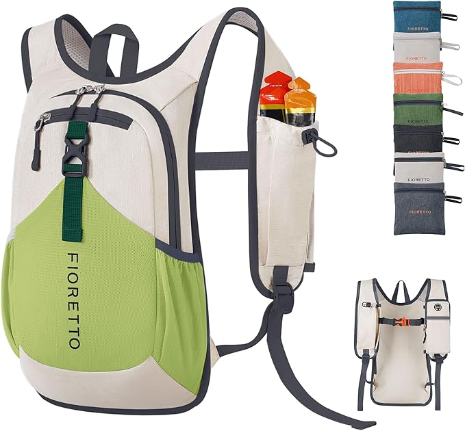 FIORETTO 10L Hiking Backpack for Women Men Mini Packable Backpack Lightweight Small Daypack for Camping Travel Outdoor, Beige and Green