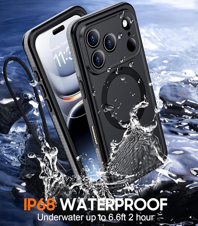 Magnetic Compatible with iPhone 17 Pro Case,Waterproof Built-in Screen & Camera Protector IP68 Underwater Full Body 17FT Military Dropproof Shockproof Phone Case 6.3"-Gray/Black