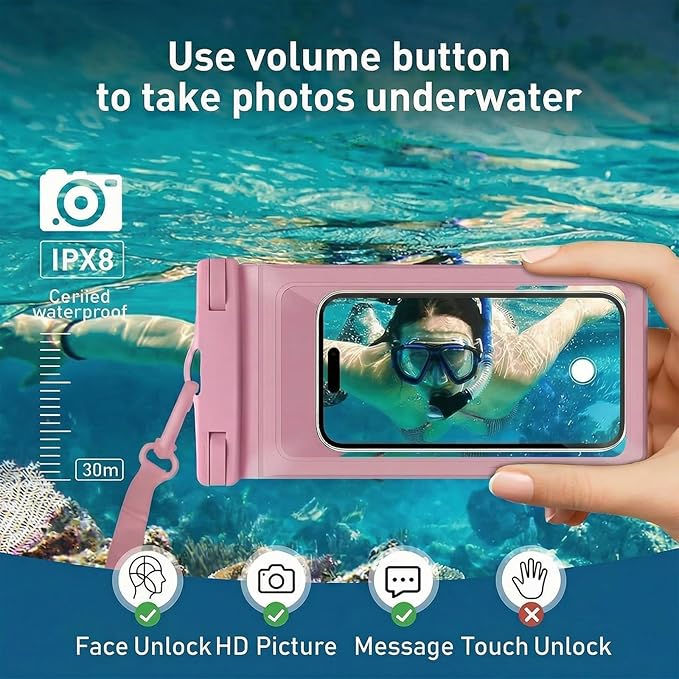 Waterproof Phone Pouch, with Interior Card Pocket, Large Waterproof Phone Case for iPhone 17 16 15 14 Pro Max, IPX8 Lightweight Cellphone Dry Bag, Beach Cruise Ship Essentials,2 Pack-Pink-8.3″