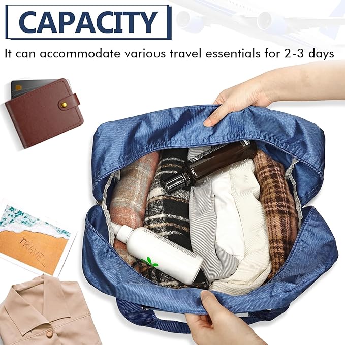 Travel Duffel Bag Carry on Luggage Bag Foldable Travel Tote Bag Waterproof Sports Gym Lightweight Large Weekender Overnight Bag for Women and Men (Black+Blue)