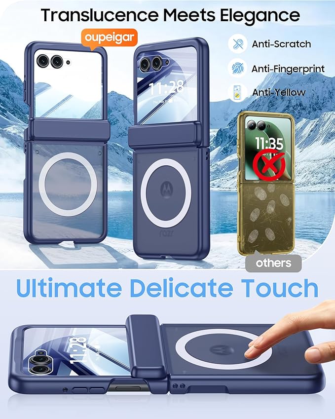 Magnetic for Motorola Razr 2026 Case with Hinge Protection, Screen Protector, Compatible with MagSafe,Skin Feel Translucent Frosted, Shockproof Slim Cover for Moto Razr 2026-Blue