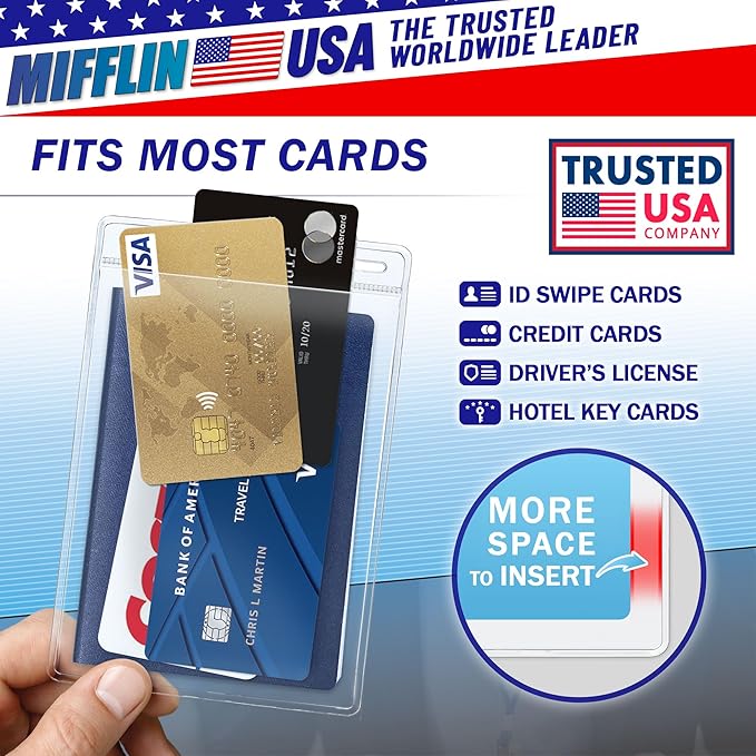 Mifflin-USA Passport & Card Holders (Clear, 4x6 Inches, 10 Pack), Extra Large ID Name Badge Holder, Zipperless Vertical Plastic Card Holders