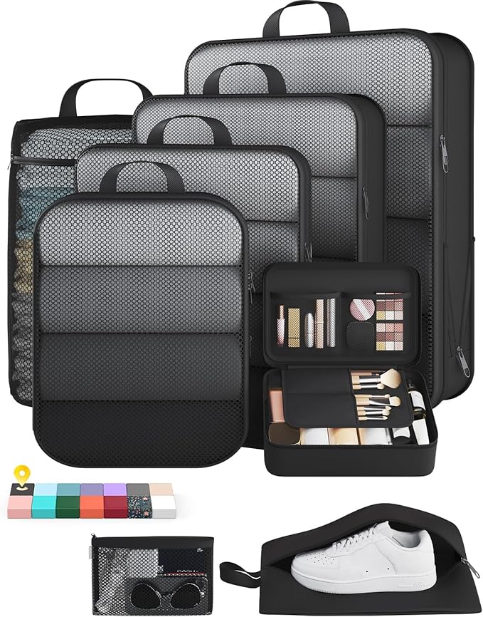 Veken 8 Set Compression Packing Cubes for Travel Essentials,Compressible Expandable Large Luggage Suitcase Organizer Bags for Clothing,Durable Space Saver Storage Bags with Toiletry Bags(Black)