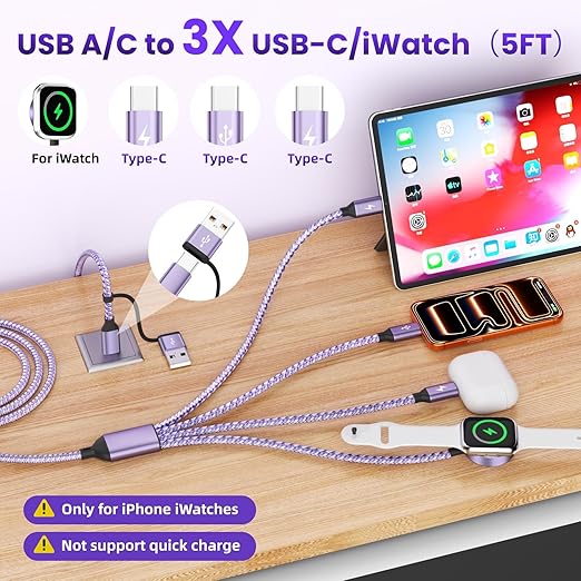 4in2 Multi Charging Cable for iWatch Charger/iPhone Charger/CarPlay Cable, Beach Travel Vacation Essentials, (2Pack 5FT) 3 X USB C/iWatch Charger Cords for iWatch 11-1/iPhone 17-15, Android Car