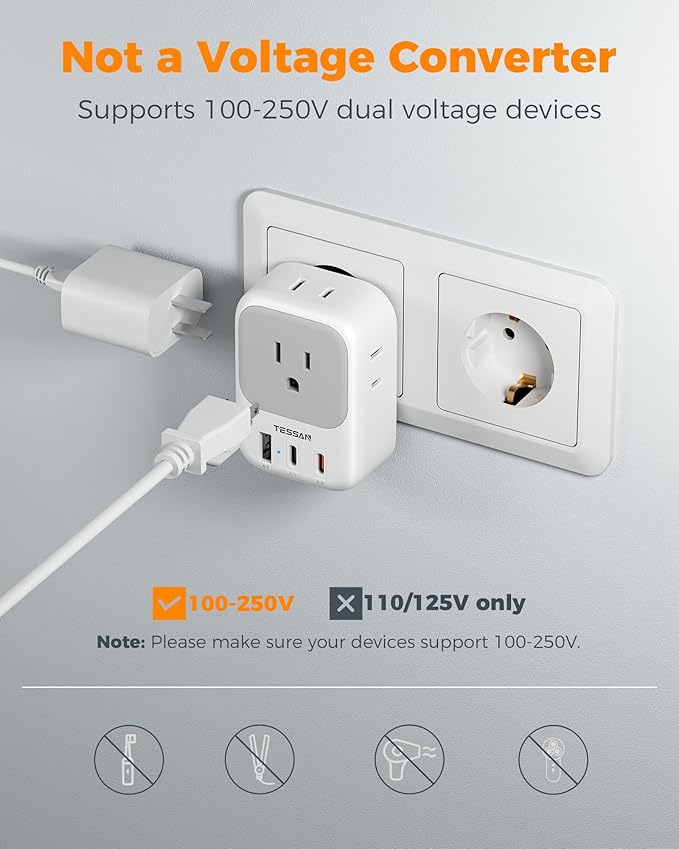 TESSAN European Travel Plug Adapter 3 Pack, PD 20W Type C Power Adaptor with 4 AC Outlets 3 USB Ports (2 USB C), US to Europe Plug Adapter for USA to EU Italy Spain France Iceland Germany