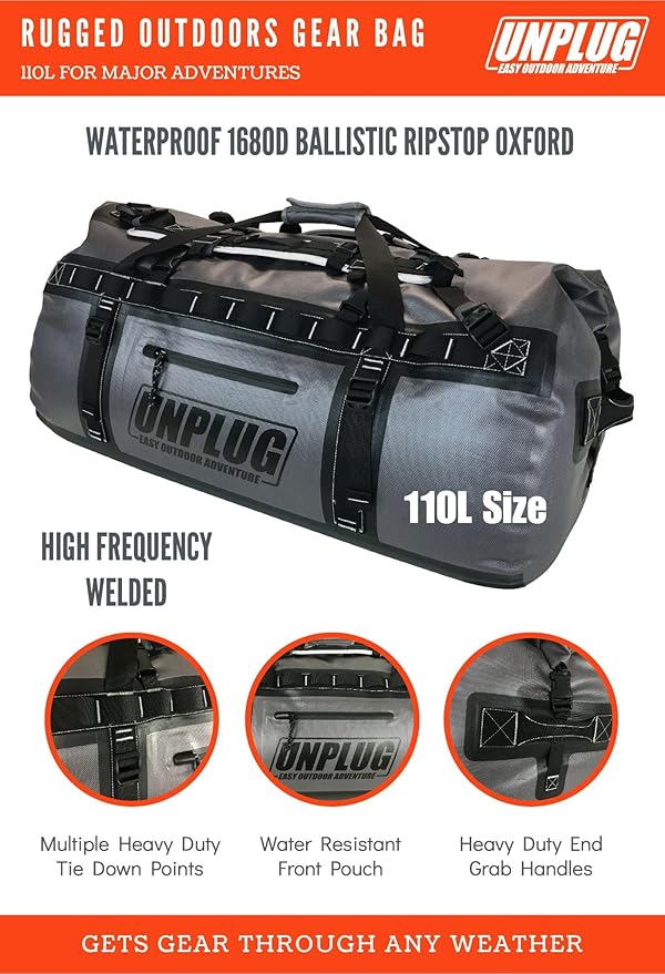 UNPLUG Ultimate Adventure | 1680D Heavy Duty Waterproof Bag | Large Travel Bag which can be Used for Camping, Motorcycling, Boating, or Hunting|110L Storm Grey