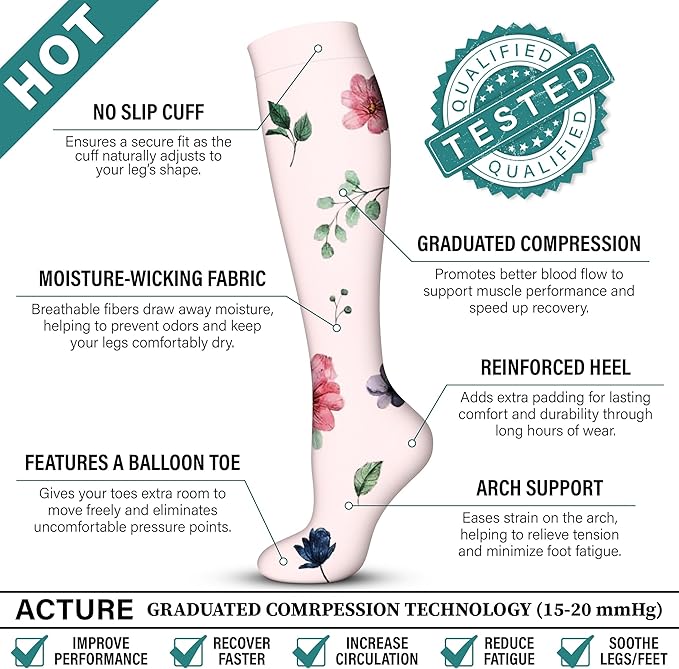 Acture 6 Pack Compression Socks for Women and Men - Knee High for Medical, Running, Nurses, Travel