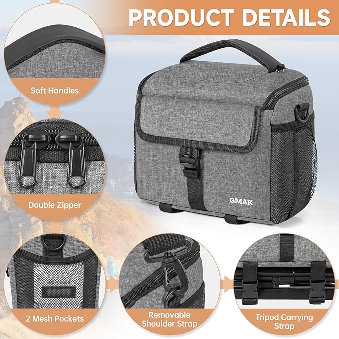 GMAK Camera Bag for Photographers, Anti-shock Camera Shoulder Bags with Water-resistant Rain Cover, Camera Case Compatible for DSLR/SLR/Mirrorless Cameras, 9'' × 4.7'' × 7.5'', Grey