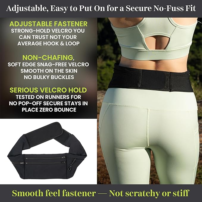 StashBandz Running Belt with Water Bottle Pocket – Adjustable No-Bounce Waist Pack, 3 Zippered Pockets & Key Clip, Sports Fanny Pack & Travel Money Belt, Fits Any Size Phone, Passport & More