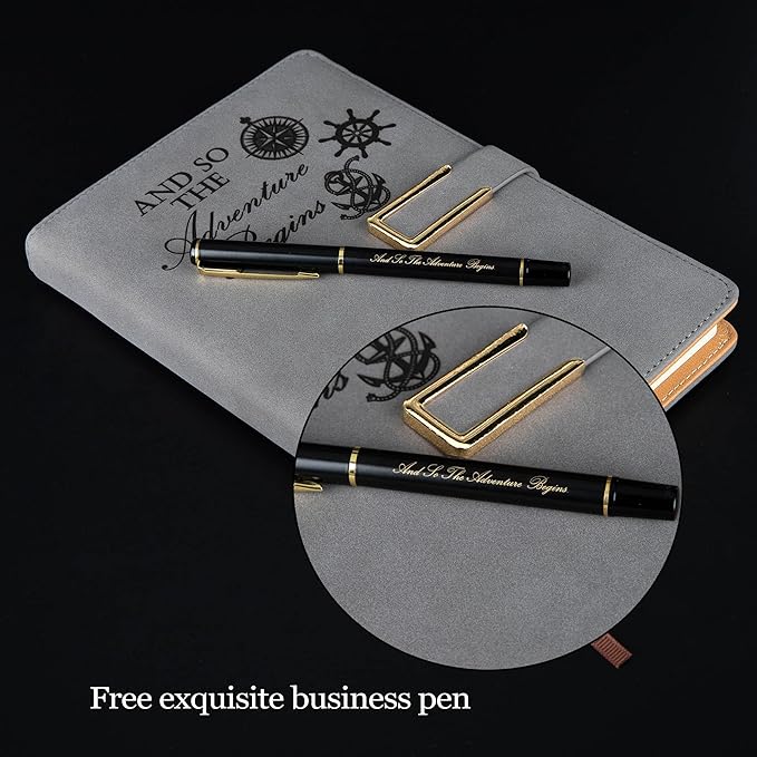 Fanery Sue Refillable Adventure Writing Journal For Men & Women Faux Leather Hardcover Notebook A5 College Ruled 200 Lined Pages Lay-Flat Personal Diary With Pen & Magnetic Buckle （Adventure - Grey