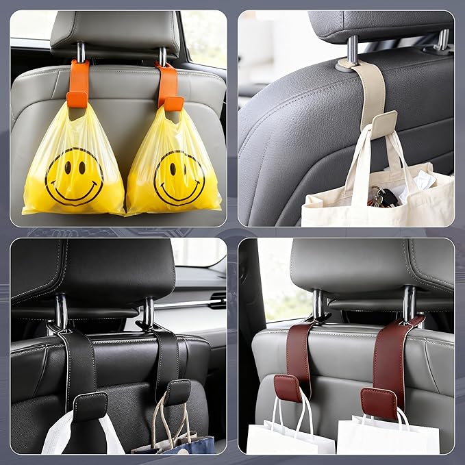 Leather Car Purse Hooks with Larger Strap Holder Purse Hook Purse Holder for car car seat Back Hooks Automotive seat Back Organizer headrest Hooks for Bags and Purse (Orange, 2pcs)