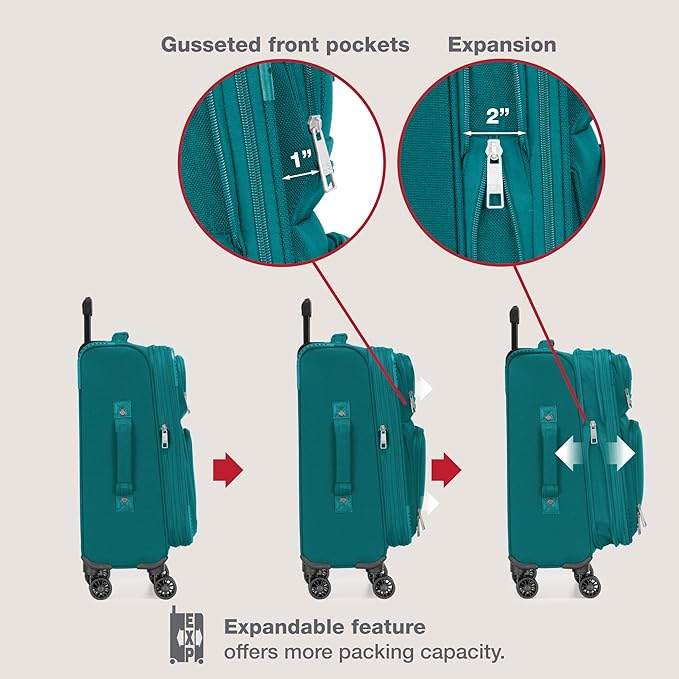 U.S. Traveler Rio Lightweight Softside Rolling Carry-on Suitcase, 4-Wheel Set, Teal