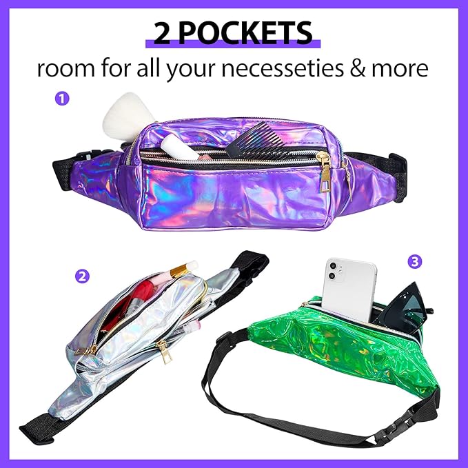 16 Pcs Fanny Packs for Women Holographic Fanny Pack Bulk 80s 90s Shiny Waist Bag Metallic Color with Adjustable Belt(Elegant Style)