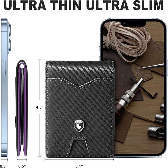 GSOIAX Slim Wallet for Men Rfid Blocking Leather Bifold Front Pocket Carbon Fiber Men's Money Clips Credit Card Holder With Gift Box