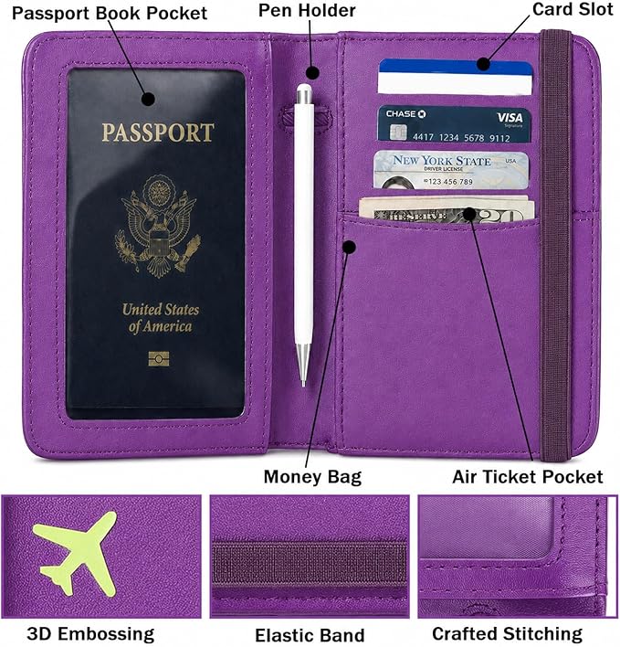 ZOPPEN RFID Blocking Passport Holder for Travel – PU Leather Waterproof Lightweight Passport Cover Wallet for Women Men, Travel Organizer with Card Slots for Airline Tickets & Passport Book, Purple