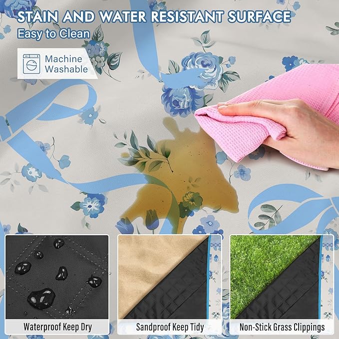 Floral Picnic Blankets Waterproof Foldable, 60″X80″ Packable Picnic Mat Cute Bow Outdoor Blanket for Grass,Large Beach Blanket Sandproof Picnic Accessories for Camping Music Festival Party Park Travel