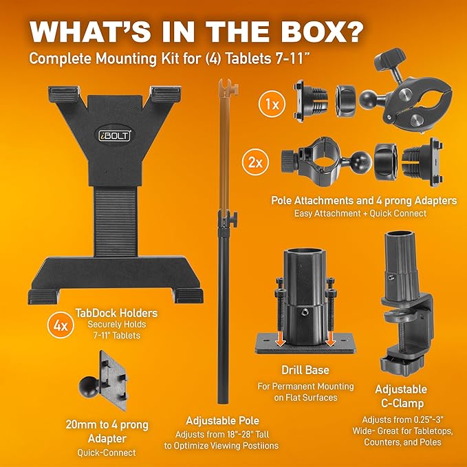 iBOLT TabDock Point of Purchase Clamp Mount - with 4 Tablet Holders Perfect for Multiple delivery Applications (DoorDash, Uber eats, Postmates, etc.) Fits 7 to 10 inch Tablets