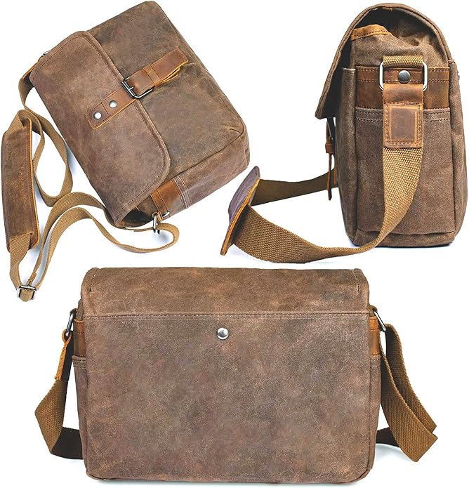 SLR Camera Bag, Waterproof Wax Canvas Bag Vintage Camera Case Messenger Bag with Interlayer Pad