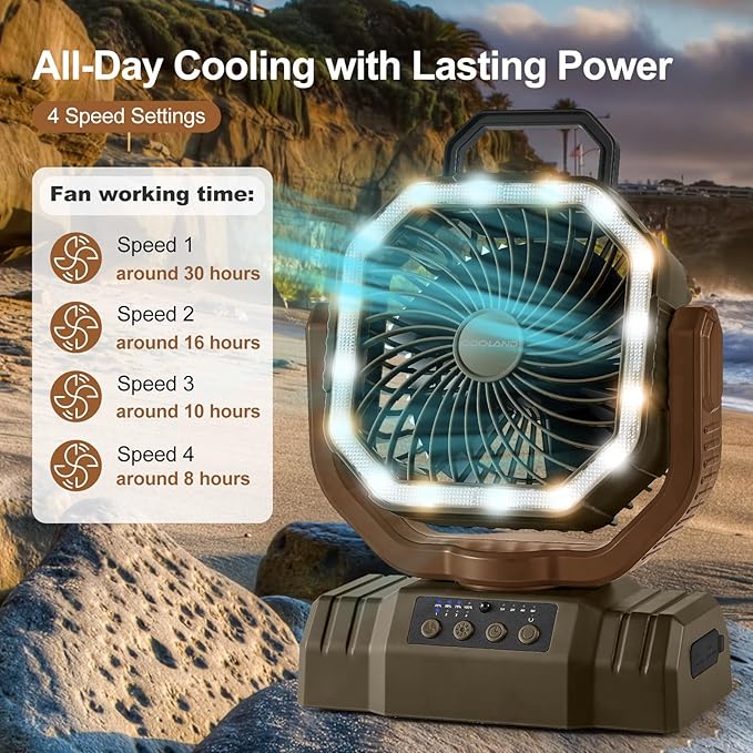 Odoland Portable Camping Fan with LED Lantern, 20000mAh Rechargeable Battery Powered Fan with Auto Oscillation, Timer, Remote, 360° Rotation Hook, 4 Speeds for Power Outage Travel Home,Brown